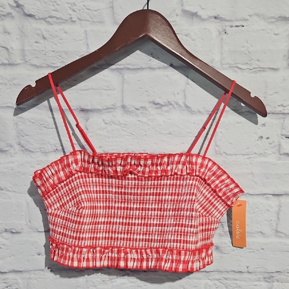 Colsie Red and White Gingham Bandeau Bralette Crop Top - Picture 2 of 8